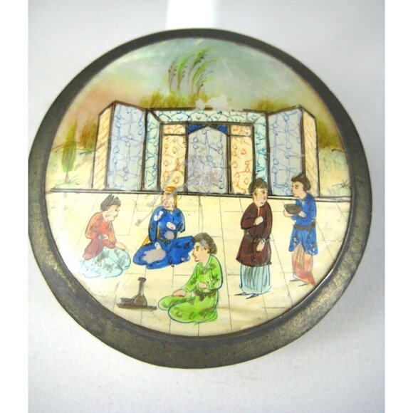 Vintage Hand Painted Asian Trinket Box Mirror Top Mother Of Pearl Silver Plated - Picture 2 of 15